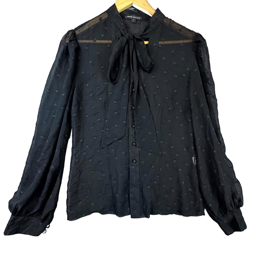 Peppe Peluso Blouse Top Womens L Black Clip Dot Bow Tie Neck Button Front